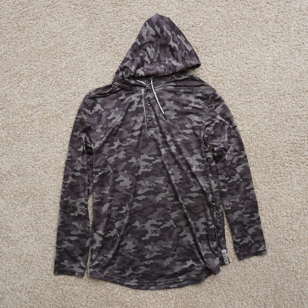 BYLT Mens Circuit Pullover Shirt Hooded Henley Gray Camouflage Polyester Large